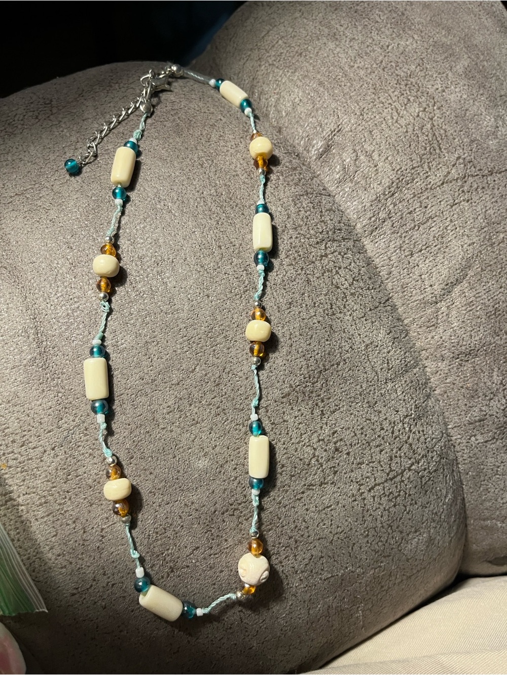 Handmade Cream and Teal Beaded Necklace 1727